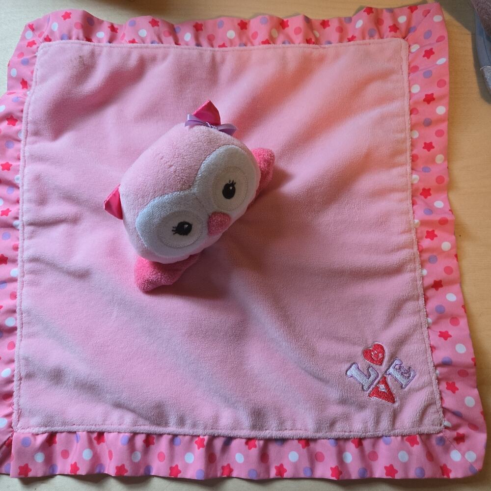 Garanimals Pink Owl Lovey Security Blanket Rattle Plush Stars Dot Satin